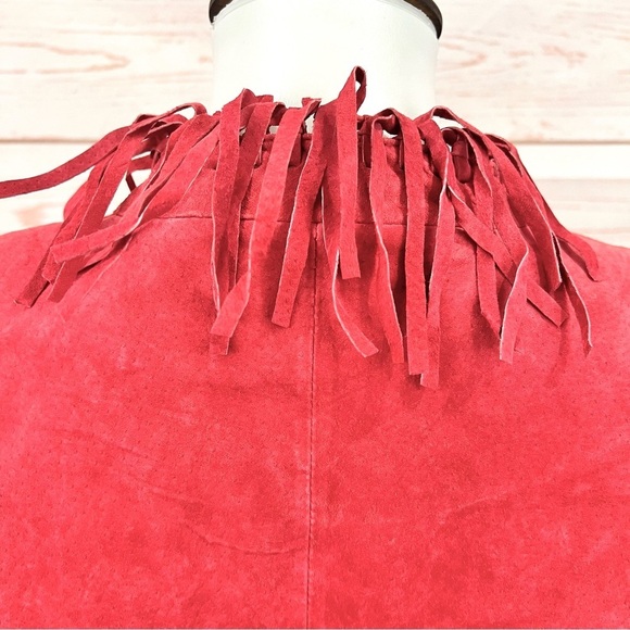 Vintage 90’s Boho Red Leather Suede Frontier Western Fringe Jacket - Picture 5 of 9